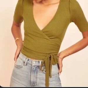 Reformation Green Ribbed Wrap Top